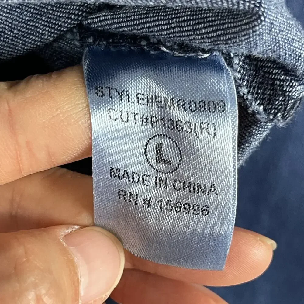 Aaron & Amber Denim Top Womens Large Blue Puff Sleeve Tie Neck Snap Button Heavy - Picture 7 of 16